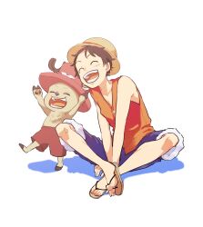 Rule 34 | 2boys, ^ ^, absurdres, antlers, black hair, closed eyes, commentary request, crossed legs, happy, hat, highres, horns, male focus, monkey d. luffy, multiple boys, one piece, open mouth, pink hat, red shirt, reindeer antlers, sandals, scar, scar on face, shadow, shirt, short hair, simple background, sko3o, sleeveless, sleeveless shirt, solo, straw hat, tony tony chopper, white background