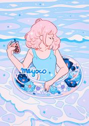 Rule 34 | 1girl, aqua flower, bad id, bad twitter id, blue flower, blue one-piece swimsuit, bubble tea, closed eyes, drink, drinking straw, floating, flower, holding, holding drink, innertube, medium hair, meyoco, one-piece swimsuit, original, partially submerged, pink hair, profile, solo, swim ring, swimsuit, water, white flower