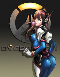 Rule 34 | 1girl, absurdres, armor, ass, bad id, bad pixiv id, bodysuit, boots, bracer, breasts, brown eyes, brown hair, blowing bubbles, chewing gum, copyright name, covered erect nipples, cowboy shot, d.va (overwatch), emblem, eyelashes, eyeliner, facepaint, facial mark, from behind, gloves, hand up, headphones, highres, kie (wylee2212), legs together, logo, long hair, long sleeves, looking at viewer, looking back, makeup, matching hair/eyes, medium breasts, open mouth, overwatch, overwatch 1, pauldrons, pilot suit, ribbed bodysuit, shoulder armor, shoulder pads, skin tight, solo, standing, teeth, thigh boots, thighhighs, turtleneck, whisker markings, white footwear, white gloves