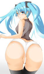 Rule 34 | 1girl, absurdres, ass, bad id, bad pixiv id, black thighhighs, blue eyes, blue hair, blush, from behind, hatsune miku, highres, long hair, looking back, matching hair/eyes, nagomi (kazu910), no pants, panties, partially visible vulva, solo, thighhighs, thong, twintails, underwear, vocaloid, white background, white panties