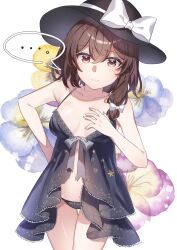 ... 1girl ametama_(runarunaruta5656) babydoll black_babydoll black_hat black_panties bow breasts brown_eyes brown_hair closed_mouth collarbone commentary_request cowboy_shot fedora flower hair_bow hand_on_own_chest happy hat hat_bow highres looking_at_viewer midriff navel panties pink_flower simple_background single_sidelock small_breasts smile solo spaghetti_strap speech_bubble split_mouth spoken_ellipsis stomach touhou underwear usami_renko white_background white_bow white_flower