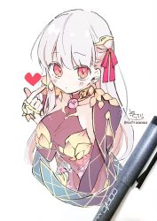 Rule 34 | 1girl, art tools in frame, blush, bow, closed mouth, cropped torso, detached sleeves, dress, fate/grand order, fate (series), grey hair, hair between eyes, hair bow, highres, kama (fate), kama (second ascension) (fate), long sleeves, looking at viewer, photo (medium), purple dress, red bow, red eyes, signature, simple background, sleeveless, sleeveless dress, sofra, solo, traditional media, twitter username, upper body, white background
