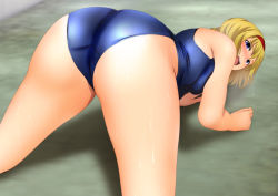 Rule 34 | 1girl, absurdres, alice margatroid, all fours, ass, bare arms, bare legs, bare shoulders, blonde hair, blue eyes, blue one-piece swimsuit, blush, breast press, breasts, eyebrows, from behind, hairband, highres, large breasts, legs, looking back, one-piece swimsuit, open mouth, short hair, sleeveless, smile, solo, sweat, swimsuit, thighs, touhou, yadokari genpachirou