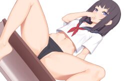 Rule 34 | 1girl, bare legs, barefoot, black hair, black panties, black sailor collar, blue eyes, blush, cameltoe, commentary request, covered mouth, dutch angle, feet out of frame, hand up, highres, jilu, long hair, looking at viewer, navel, neckerchief, no pants, original, panties, partially visible vulva, red neckerchief, sailor collar, school uniform, serafuku, shirt, short sleeves, simple background, sitting, solo, spread legs, stomach, underwear, white background, white shirt