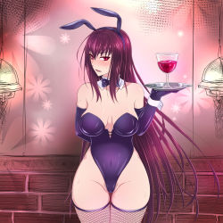 Rule 34 | 1girl, alcohol, animal ears, arm behind back, blush, breasts, brick wall, cowboy shot, cup, detached collar, drinking glass, elbow gloves, embarrassed, fake animal ears, fate/grand order, fate (series), female pubic hair, fishnet thighhighs, fishnets, gloves, hair between eyes, hand up, highres, holding, holding tray, indoors, large breasts, leotard, long hair, looking at viewer, open mouth, parted lips, playboy bunny, pubic hair, purple gloves, purple hair, purple leotard, rabbit ears, red eyes, scathach (fate), solo, sukumo (kemutai), sweat, sweatdrop, thighhighs, thighs, tray, very long hair, wine, wine glass, wrist cuffs