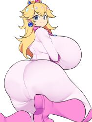 Rule 34 | 1girl, alternate breast size, ass, bellupup, biker clothes, blonde hair, blue eyes, bodysuit, boots, breasts, closed mouth, crown, earrings, from behind, gloves, highres, huge ass, huge breasts, jewelry, kneeling, long hair, looking back, mario (series), nintendo, pink footwear, pink gloves, princess peach, scarf, simple background, smile, solo, the super mario bros. movie, white background