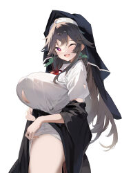Rule 34 | 1girl, ;d, absurdres, alternate costume, black hair, breasts, cleavage cutout, clothing cutout, commentary request, from side, habit, highres, huge breasts, long hair, looking at viewer, nun, one eye closed, open mouth, red eyes, reiuji utsuho, shirt, short sleeves, simple background, smile, solo, teeth, tetsurou (fe+), thighs, third eye, touhou, upper teeth only, variant set, white background, white shirt