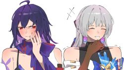 Rule 34 | 2girls, blush, bronya zaychik, closed eyes, closed mouth, giggling, grey hair, hand on own cheek, hand on own face, highres, honkai: star rail, honkai (series), kaosmccloud, looking to the side, multicolored hair, multiple girls, parted lips, purple hair, red eyes, seele (honkai: star rail)