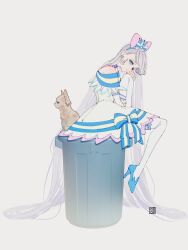Rule 34 | 1girl, aoi tete, artist logo, blue bow, blue choker, blue crown, blue eyes, blue hairband, bow, choker, closed mouth, crown, crown earrings, cure nyammy, dress, dual persona, earrings, elbow gloves, frilled thighhighs, frills, from side, frown, gloves, grey background, grey hair, hair bow, hairband, half gloves, highres, jewelry, knee up, long hair, looking at viewer, magical girl, mini crown, nekoyashiki yuki, nekoyashiki yuki (cat), off-shoulder dress, off shoulder, pink bow, precure, simple background, sitting, solo, thighhighs, tilted headwear, trash can, white dress, white gloves, white thighhighs, wonderful precure!