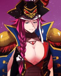 Rule 34 | 10s, 1girl, blue eyes, braid, breasts, choker, cleavage, coat, fate/extra, fate/grand order, fate (series), francis drake (fate), hat, lips, long hair, pink hair, purple background, scar