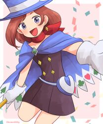 Rule 34 | 1girl, :d, ace attorney, blue eyes, blue hat, brown hair, cape, confetti, dress, earrings, gloves, hat, holding, jewelry, looking at viewer, magician, mai8484, open mouth, scarf, short hair, smile, solo, top hat, trucy wright, white gloves