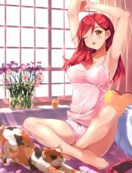 Rule 34 | 1girl, :o, armpits, arms up, barefoot, bed, blush, bow, bow panties, breasts, camisole, candle, cat, chemise, cleavage, covered erect nipples, flower, follen (639594), game console, handheld game console, heart, heart-shaped pillow, large breasts, long hair, looking at viewer, one eye closed, orange eyes, original, panties, pillow, playstation vita, red hair, sitting, solo, stretching, underwear, white panties, window, yellow eyes