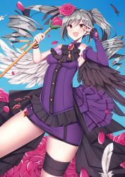 Rule 34 | 10s, 1girl, :d, angel wings, bad anatomy, bad id, bad pixiv id, bad proportions, dress, drill hair, flower, hair flower, hair ornament, highres, idolmaster, idolmaster cinderella girls, kanzaki ranko, long hair, open mouth, poorly drawn, red eyes, rosenburg engel, silver hair, smile, snm (sunimi), solo, twin drills, twintails, wings