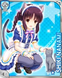 Rule 34 | 1girl, :d, animal ears, blue background, blue dress, bow, breasts, brown eyes, card (medium), cat, cat ears, cat tail, dress, eyebrows, fake animal ears, fake tail, girlfriend (kari), hair ribbon, kneeling, large breasts, long hair, maroon hair, nanami shiki, official art, open mouth, pink bow, ponytail, qp:flapper, ribbon, shoes, sidelocks, smile, solo, tagme, tail