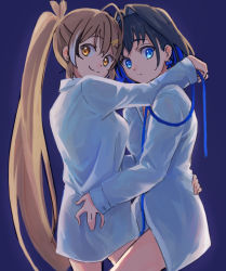 Rule 34 | 2girls, ahoge, bare legs, blouse, blue eyes, blue hair, blue ribbon, brown eyes, brown hair, feather hair ornament, feathers, hair ornament, hairclip, hand on another&#039;s ass, hand on another&#039;s back, hololive, hololive english, kisuu (oddnumberr ), long hair, looking at viewer, multiple girls, nanashi mumei, oversized clothes, ponytail, ribbon, ribbon earrings, shirt, short hair, smile, very long hair, virtual youtuber, white shirt, yuri