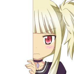 Rule 34 | 10s, 1girl, aoki hagane no arpeggio, blonde hair, blush, choker, dress, embarrassed, frown, hiding, kongou (aoki hagane no arpeggio), long hair, nagineko, peeking out, personification, red eyes, solo, transparent background