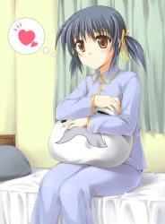 Rule 34 | 00s, 1girl, bed, bed sheet, black hair, brown eyes, clannad, curtains, dango daikazoku, elder dango, heart, indoors, kusakami akira, on bed, pako (pousse-cafe), pillow, room, short hair, solo, sunohara mei, thought bubble, twintails