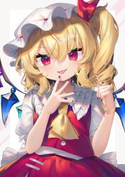 1girl :p ascot blonde_hair closed_mouth collared_shirt commentary_request crystal drill_hair drill_sidelocks fangs flandre_scarlet frilled_shirt_collar frills gradient_nails gunjou_row hands_up hat hat_ribbon highres looking_at_viewer medium_hair mob_cap nail_polish one_side_up puffy_short_sleeves puffy_sleeves red_eyes red_nails red_skirt red_vest ribbon shirt short_sleeves sidelocks skirt slit_pupils smile solo tongue tongue_out touhou upper_body vest white_hat white_shirt wings yellow_ascot