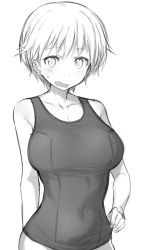 Rule 34 | 1girl, absurdres, arm behind back, blush, brave witches, breasts, clothes pull, covered navel, cowboy shot, fankupl, greyscale, highres, large breasts, looking at viewer, monochrome, nikka edvardine katajainen, one-piece swimsuit pull, school swimsuit, short hair, sketch, solo, sweatdrop, swimsuit, wavy mouth, white background, world witches series