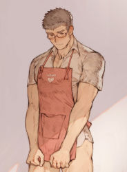 Rule 34 | 1boy, alternate costume, apron, ass, bad id, bad pixiv id, bara, black hair, blush, bottomless, brown hair, chataro1412, covering privates, covering crotch, glasses, male focus, muscular, muscular male, partially unbuttoned, pectoral cleavage, pectorals, red apron, rimless eyewear, motoori shiro, shirt, short hair, short sleeves, solo, thick eyebrows, thighs, tokyo houkago summoners, white shirt