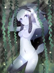 Rule 34 | 1girl, blue eyes, rabbit, dollachan, eyeliner, highres, jungle, kindred (league of legends), kindred (league of legends), league of legends, makeup, mask, nature, plant, sparkle, tail, vines, white hair
