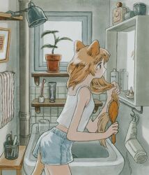 Rule 34 | 1girl, animal ears, bathroom, breasts, brushing hair, cup, drinking glass, eokaku surimi, fox, fox ears, fox girl, fox tail, hair brush, hair dryer, highres, holding, holding own hair, indoors, jewelry, lamp, leaning forward, long hair, looking at mirror, makeup, mirror, orange hair, original, pencil, picture frame, plant, ring, shelf, shorts, sink, small breasts, solo, tail, tank top, tile wall, tiles, toothbrush, toothpaste, towel, white tank top, window
