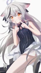 Rule 34 | 1girl, animal ears, artist logo, bare shoulders, black dress, blue archive, blush, closed mouth, covered navel, cryne, dress, grey hair, grey halo, halo, highres, kokona (blue archive), long hair, looking at viewer, orange eyes, simple background, smile, solo, striped clothes, striped dress, tiger ears, vertical-striped clothes, vertical-striped dress, white background