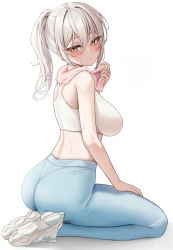 Rule 34 | 1girl, ass, biya (1024), blush, breasts, closed mouth, from side, hair between eyes, hand on own thigh, hand up, highres, holding, holding towel, kneeling, large breasts, long hair, looking at viewer, original, pants, ponytail, seiza, shadow, shoes, simple background, sitting, sneakers, solo, sports bra, sweat, tank top, thighs, towel, towel around neck, white background, white hair, yellow eyes, yoga pants