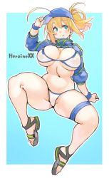Rule 34 | 1girl, ahoge, artoria pendragon (fate), baseball cap, bikini, blonde hair, blue background, blue eyes, blush, breasts, character name, cleavage, fate/grand order, fate (series), hair between eyes, hat, highres, inverted nipples, large breasts, long hair, looking at viewer, mysterious heroine x (fate), mysterious heroine xx (fate), navel, nipples, ponytail, sachito, sandals, see-through, side-tie bikini bottom, sidelocks, simple background, sitting, smile, solo, swimsuit, thigh strap, white bikini