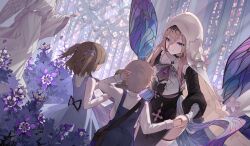 Rule 34 | 1boy, 2girls, absurdres, ai dongdong, aponia (honkai impact), birthday, black dress, black sleeves, blue eyes, breasts, brown hair, butterfly wings, child, closed mouth, commentary, dress, english commentary, flower, garden, hair between eyes, hand on own head, height difference, highres, holding hands, honkai (series), honkai impact 3rd, indoors, insect wings, large breasts, light brown hair, long bangs, looking at another, mole, mole under eye, multiple girls, nun, purple dress, purple flower, short hair, sleeveless, sleeveless dress, smile, statue, veil, white sleeves, white veil, wings