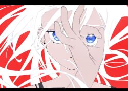 Rule 34 | 1girl, blue eyes, close-up, highres, letterboxed, long hair, looking at viewer, ok sign, ok sign over eye, original, osakana (osakanagazoubot), parted lips, red background, simple background, solo, sparkle, white hair