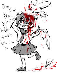 Rule 34 | 1girl, @ @, aosora (mizore), arms up, artist name, bird, blood, blood on clothes, blood on face, crying, crying with eyes open, english text, guro, happy, laughing, monochrome, original, school uniform, serafuku, spot color, standing, standing on one leg, tears
