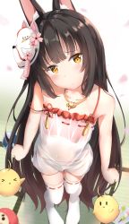 Rule 34 | 1girl, absurdly long hair, animal ear fluff, animal ears, arms at sides, azur lane, bad id, bad pixiv id, bare arms, bird, black hair, blurry, camisole, clenched hands, commentary request, contrapposto, dango, daruma doll, depth of field, expressionless, flat chest, food, foreshortening, fox ears, fox mask, from above, head tilt, highres, jewelry, long hair, looking at viewer, looking up, mask, mask on head, nagato (azur lane), nagato (great fox&#039;s respite) (azur lane), necklace, panties, petals, pink panties, plate, ponyaru, ribbon-trimmed legwear, ribbon trim, sanshoku dango, see-through, side-tie panties, solo, standing, strap slip, tatami, thighhighs, underwear, very long hair, wagashi, white thighhighs, yellow eyes