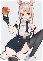 Rule 34 | 1girl, :q, absurdres, animal ears, bare shoulders, black gloves, black necktie, black shorts, black thighhighs, blush, brown hair, closed mouth, commentary request, food, gloves, grey background, grey footwear, hand up, highres, holding, holding food, long hair, looking at viewer, low twintails, mouse ears, mouse girl, mouse tail, necktie, omucchan (omutyuan), original, red eyes, shirt, shoes, short shorts, shorts, sleeveless, sleeveless shirt, smile, solo, standing, standing on one leg, suspender shorts, suspenders, suspenders slip, tail, thighhighs, tongue, tongue out, twintails, two-tone background, white background, white shirt