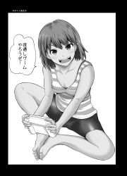 Rule 34 | 1girl, bare arms, barefoot, bed, bicycle, bike shorts, bra, bra peek, breasts, butterfly sitting, collarbone, eyebrows, fang, feet, feet together, game console, greyscale, grin, highres, knees apart feet together, lace, lace-trimmed bra, lace trim, looking at viewer, meikou gijuku, monochrome, open mouth, original, sabo rin, saborou, shirt, short hair, sitting, small breasts, smile, solo, sparkle, striped clothes, striped shirt, tank top, toes, translation request, underwear, wii u, yano toshinori