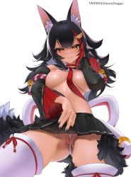 Rule 34 | 1girl, absurdres, animal ears, black hair, breasts, detached collar, fang, fang out, from below, greatodoggo, highres, hololive, large breasts, multicolored hair, nipples, ookami mio, ookami mio (1st costume), partially visible vulva, pleated skirt, simple background, skirt, solo, streaked hair, tail, thighhighs, virtual youtuber, white background, white thighhighs, wolf ears, wolf girl, wolf tail