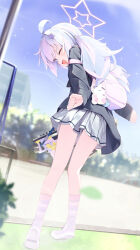 Rule 34 | 1girl, ;d, absurdres, ahoge, backpack, bag, black shirt, blue archive, blue hair, blue sky, blurry, blurry background, commentary request, day, from behind, grass, hair ornament, halo, highres, long sleeves, looking at viewer, looking back, low twintails, multicolored hair, one eye closed, open mouth, outdoors, pink hair, pink socks, purple eyes, reisa (blue archive), shirt, skirt, sky, smile, socks, solo, standing, star (symbol), star hair ornament, star halo, twintails, two-tone hair, white skirt, yamada auto