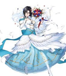 Rule 34 | 1girl, black hair, blue dress, bouquet, breasts, bridal veil, bride, cleavage, damaged, dress, fire emblem, fire emblem engage, fire emblem heroes, flower, freestyle18, full body, hair between eyes, hair ornament, hand on own chest, highres, jewelry, long sleeves, looking at viewer, nel (fire emblem), nel (stoic bride) (fire emblem), nintendo, non-web source, official alternate costume, one eye closed, red eyes, short hair, strapless, strapless dress, torn clothes, torn dress, two-tone dress, veil, wedding dress, white dress
