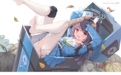 Rule 34 | 1girl, absurdres, artist name, bird, black gloves, black hair, blue archive, blunt bangs, dated, fallen-leaves, female focus, flashlight, gloves, gun, halo, headgear, highres, in container, knee pads, leaf, leaf on head, long hair, long sleeves, looking at viewer, miyu (blue archive), no shoes, pantyhose, pleated skirt, red eyes, rifle, school uniform, serafuku, single knee pad, skirt, soles, solo, tearing up, torn clothes, torn pantyhose, trash bag, trash can, very long hair, weapon, white pantyhose