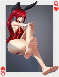 Rule 34 | 1girl, absurdres, barefoot, breasts, card, cleavage, commission, crossed legs, detached collar, erza scarlet, fairy tail, feet, female focus, foot focus, foreshortening, hair over one eye, hands on own knee, highres, leotard, long hair, pixiv commission, playboy bunny, playing card, ponytail, queen (playing card), queen of hearts (playing card), rabbit ears, red eyes, red hair, smile, soles, thighs, toes, tsa