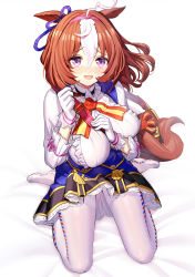 Rule 34 | 1girl, :d, ahoge, animal ears, bed sheet, blue skirt, blush, breasts, brown hair, center frills, collared shirt, commentary request, frilled shirt collar, frills, full body, gloves, hair between eyes, hairband, hands up, highres, horse ears, horse girl, horse tail, large breasts, long sleeves, looking at viewer, meisho doto (umamusume), multicolored hair, no shoes, nose blush, open mouth, pantyhose, pink hairband, purple eyes, ririko (zhuoyandesailaer), seiza, shirt, sitting, skirt, smile, solo, tail, two-tone hair, umamusume, white background, white gloves, white hair, white pantyhose, white shirt