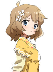 Rule 34 | 1girl, ahoge, blue eyes, blush, breasts, brown hair, closed mouth, dot nose, dress, floral print, flower, from side, gazacy (dai), hair flower, hair ornament, highres, idolmaster, idolmaster million live!, idolmaster million live! theater days, layered sleeves, long sleeves, looking at viewer, print dress, short hair, simple background, small breasts, solo, suou momoko, upper body, v-shaped eyebrows, white background, white flower, yellow dress