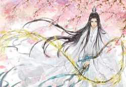 Rule 34 | 1boy, blue ribbon, blurry, brown hair, chinese clothes, chinese commentary, chu wanning, closed mouth, depth of field, erha he tadebai mao shizun, expressionless, falling petals, flower, grey eyes, hair bun, hanfu, holding, holding weapon, holding whip, jing shu, long hair, long sleeves, looking at viewer, male focus, official art, petals, ribbon, solo, tree, weapon, whip, white hanfu, white ribbon, wide sleeves, wind, wind lift, xiao guan (headdress)