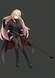 Rule 34 | 1girl, anti-materiel rifle, black background, black footwear, black gloves, black thighhighs, blonde hair, blue jacket, bolt action, boots, closed mouth, earrings, fingerless gloves, fishnet thighhighs, fishnets, girls&#039; frontline, gloves, gun, highres, holding, holding weapon, jacket, jewelry, long hair, looking at viewer, military jacket, mole, mole under eye, ptrd-41, ptrd (girls&#039; frontline), purple eyes, rifle, sitting, smile, sniper rifle, solo, thighhighs, turtleneck, weapon