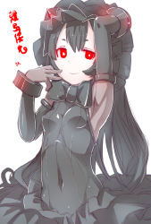 Rule 34 | 10s, 1girl, abyssal ship, arm up, arm warmers, bad id, bad pixiv id, black dress, black hair, bodystocking, bonnet, bow, colored skin, covered navel, dress, frills, gothic lolita, hand on own face, horns, isolated island oni, kantai collection, lolita fashion, long hair, meth (emethmeth), red eyes, simple background, smile, solo, white background, white skin