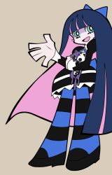 Rule 34 | 10s, 1girl, bad id, bad pixiv id, blue eyes, blue hair, bow, cat, colored inner hair, dress, female focus, flat color, gothic lolita, hair bow, highres, lolita fashion, long hair, matching hair/eyes, multicolored hair, official style, panty &amp; stocking with garterbelt, purple hair, simple background, smile, solo, stocking (psg), striped clothes, striped thighhighs, thighhighs, two-tone hair