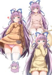 Rule 34 | 1girl, :t, absurdres, ahoge, azur lane, blue eyes, blush, blush stickers, brown sweater, chibi, closed mouth, commentary request, covered mouth, cropped legs, grey eyes, hair intakes, hand up, heart, highres, long hair, long sleeves, looking at viewer, moyoron, multiple views, panties, pink panties, pout, purple hair, ribbed sweater, sleeves past fingers, sleeves past wrists, smile, squiggle, sweater, tashkent (azur lane), thighhighs, thumbs up, underwear, very long hair, white background, white thighhighs