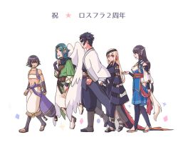 Rule 34 | 2girls, 3boys, absurdly long hair, age difference, ainu clothes, akuta (utawarerumono: lost flag), angel wings, animal ears, aqua hair, aquaplus, arm tattoo, arm up, armband, black dress, black eyes, black hair, blonde hair, blue scarf, boots, breasts, brown eyes, brown hair, choker, collarbone, crop top, dark-skinned male, dark skin, dii (utawarerumono), dress, eyes visible through hair, feathered wings, from side, full body, green eyes, hair over one eye, hairband, height difference, hip vent, jewelry, kuuran (utawarerumono), large breasts, large wings, long hair, long sleeves, looking at another, looking at viewer, mask, medium hair, midriff, minagi (utawarerumono), multiple boys, multiple girls, necklace, open mouth, purple sash, red eyes, sandals, sash, scar, scar on face, scarf, see-through, see-through dress, see-through skirt, see-through sleeves, short hair, sidelocks, skirt, sleeveless, sparkle, standing, suzuri (utawarerumono: lost flag), tail, tattoo, toned, twchewp, utawarerumono, utawarerumono: lost flag, very long hair, very long sleeves, walking, wings