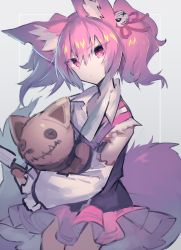 Rule 34 | 1girl, animal ear fluff, animal ears, arknights, bow, burnt clothes, commentary request, doll, fox ears, fox tail, hair ornament, highres, holding, holding doll, holding knife, knife, looking at viewer, pink bow, pink eyes, pink hair, pink ribbon, pink skirt, ribbon, sasa onigiri, shamare (arknights), sketch, skirt, solo, standing, stuffed toy, tail, twintails