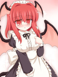 Rule 34 | 1girl, alternate costume, apron, bat wings, breasts, embodiment of scarlet devil, enmaided, female focus, gradient background, head wings, koakuma, long hair, maid, maid apron, maid headdress, red eyes, red hair, ry (yagoyago), solo, touhou, white background, wings